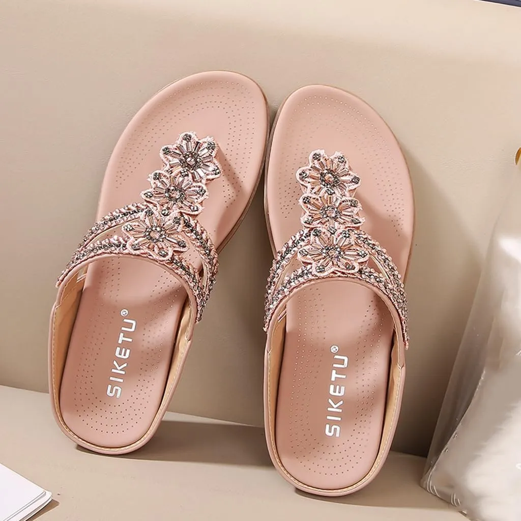 Women's Bohemian Flat Flipflops Sandals Rhinestone Embellished Comfort Summer Flip Flop Beach Sandal