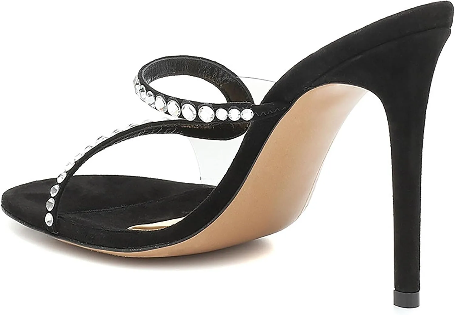 Women's Clear Strappy High Heels Sandals Classic Round Open Toe Rhinestone Stiletto Sandals Simple Elegant Pull on Party Dress Weddings Shoes