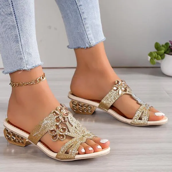 Women's Fashion Flower Rhinestone High Heel Slippers 06689650S