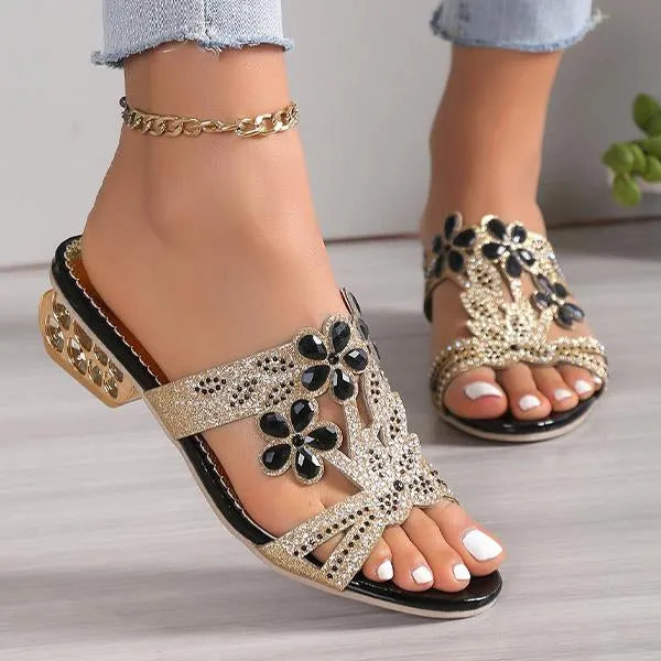 Women's Fashion Flower Rhinestone High Heel Slippers 06689650S
