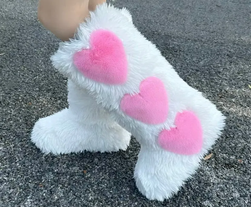 Women’s Heart Fur Boots Heart Boots Furry Fuzzy Boots Fuzzy Heart Boots Fur Heart Boots Valentine’s Day Fur Boots