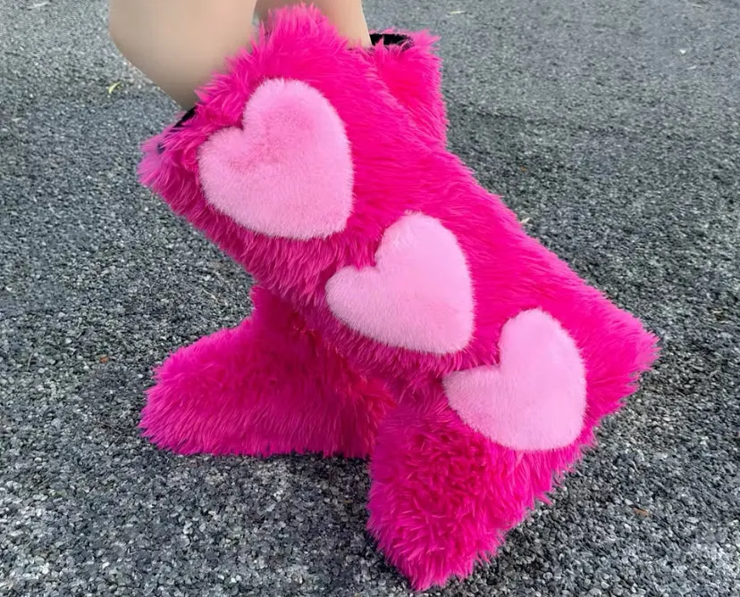 Women’s Heart Fur Boots Heart Boots Furry Fuzzy Boots Fuzzy Heart Boots Fur Heart Boots Valentine’s Day Fur Boots
