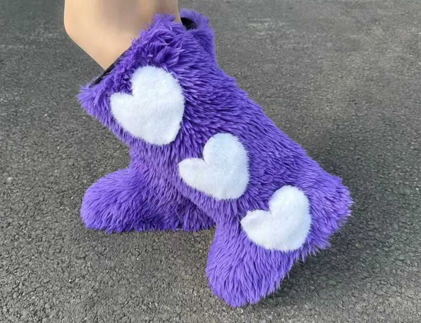 Women’s Heart Fur Boots Heart Boots Furry Fuzzy Boots Fuzzy Heart Boots Fur Heart Boots Valentine’s Day Fur Boots