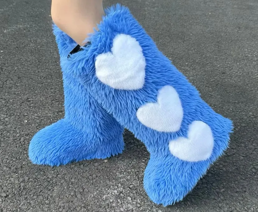 Women’s Heart Fur Boots Heart Boots Furry Fuzzy Boots Fuzzy Heart Boots Fur Heart Boots Valentine’s Day Fur Boots