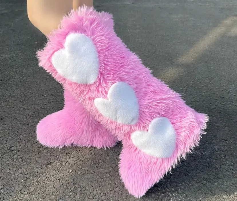 Women’s Heart Fur Boots Heart Boots Furry Fuzzy Boots Fuzzy Heart Boots Fur Heart Boots Valentine’s Day Fur Boots
