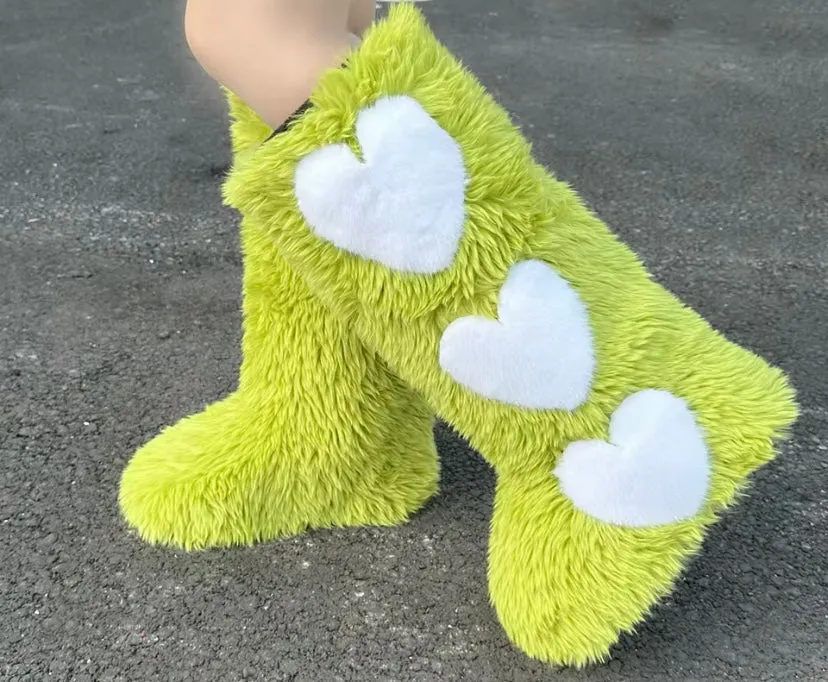 Women’s Heart Fur Boots Heart Boots Furry Fuzzy Boots Fuzzy Heart Boots Fur Heart Boots Valentine’s Day Fur Boots