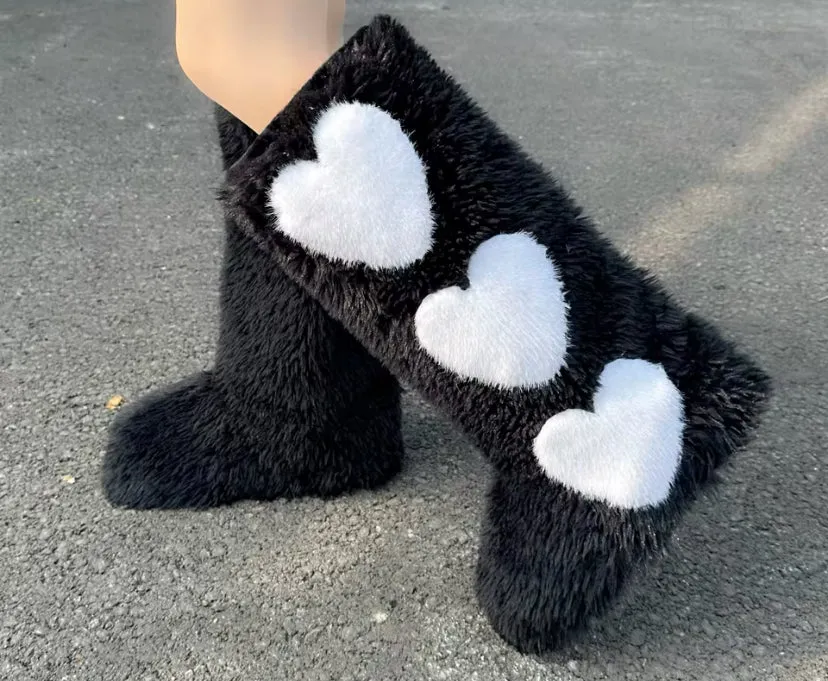 Women’s Heart Fur Boots Heart Boots Furry Fuzzy Boots Fuzzy Heart Boots Fur Heart Boots Valentine’s Day Fur Boots