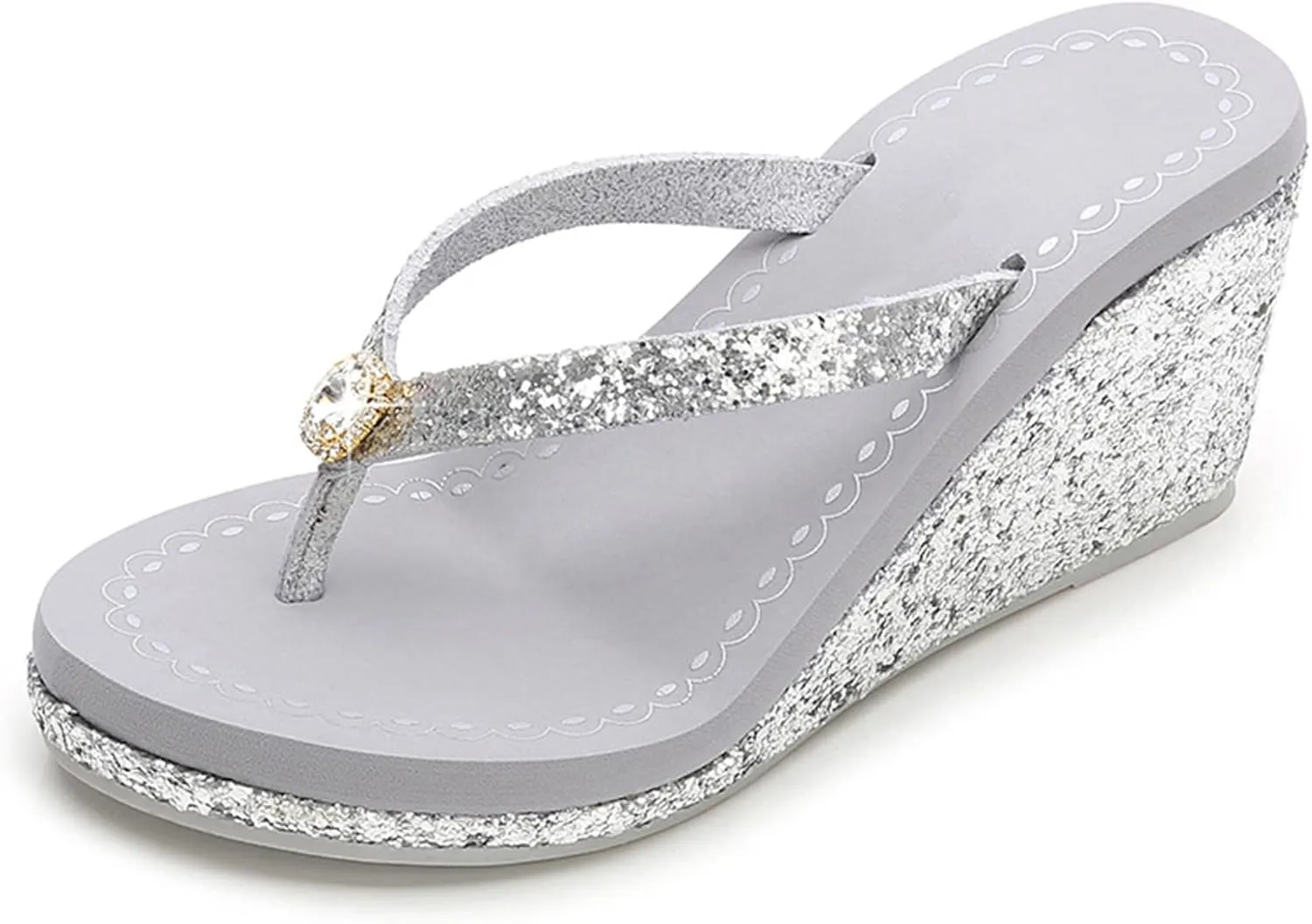 Womens Summer Wedge Platform Flip Flop Open Toe High Heel Flipflops Non-Slip Rhinestones Glitter Gem Sparkling Beach Sandals (Silver B,5.5)